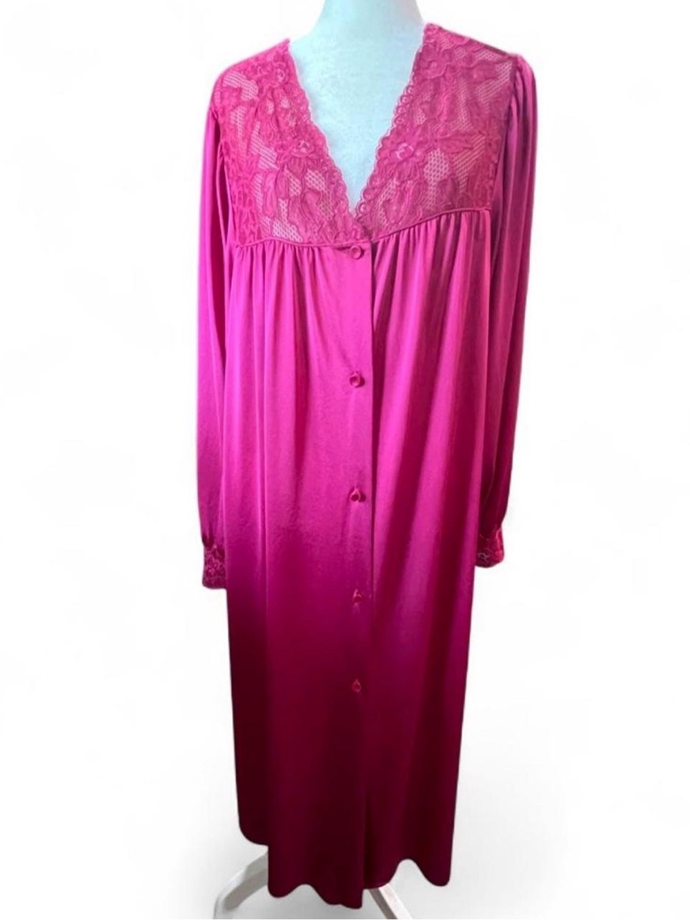 Fuchsia Lace-Trim Long Button Front Nightgown With Pockets